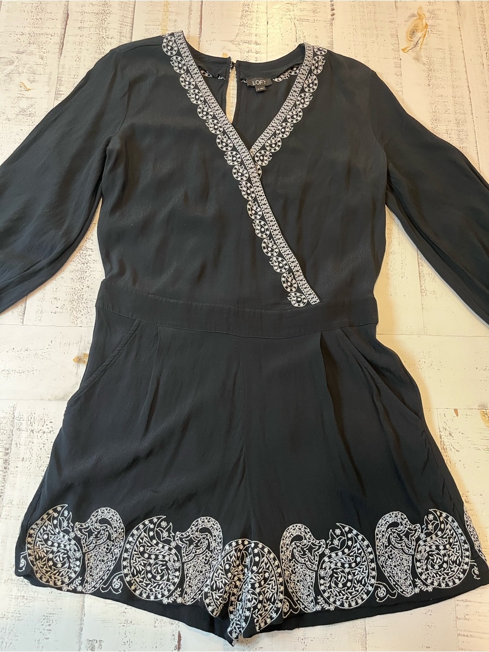 LOFT Black Romper with White Paisley Trim